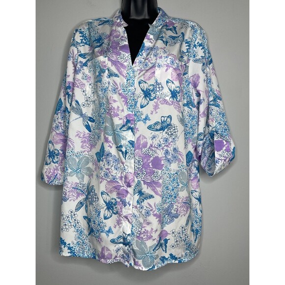 SALON STUDIO Butterflies Floral Woven Cotton Button Front Top Blouse Large - Picture 1 of 13